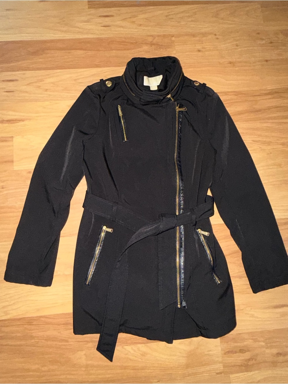 Michael Kors Black Belted Asymmetrical Zip Trench with Gold Hardware